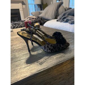 Beverly Feldman Leopard & Black Floral Slingback Heels sz 11 NWOT